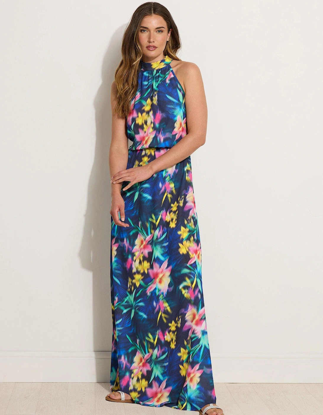 Tall Navy Blue Abstract Floral Halter Neck Maxi Dress, 2 of 1