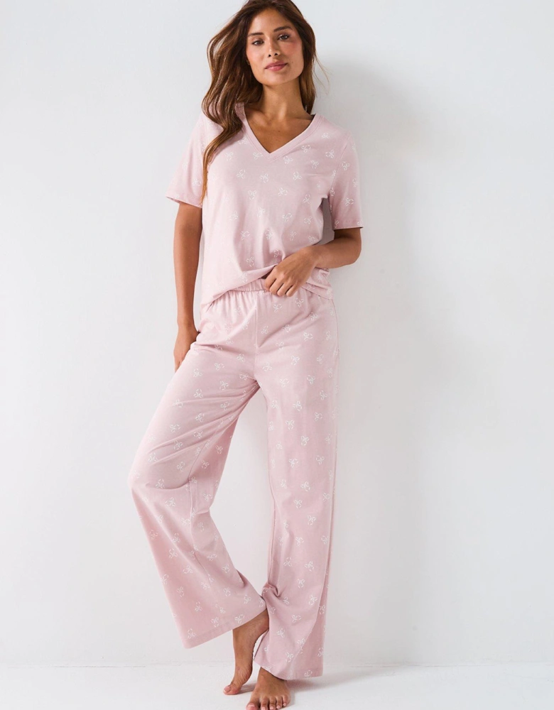 V Neck Ribbon Print Short Sleeve And Wide Leg Pyjama Set - Pink