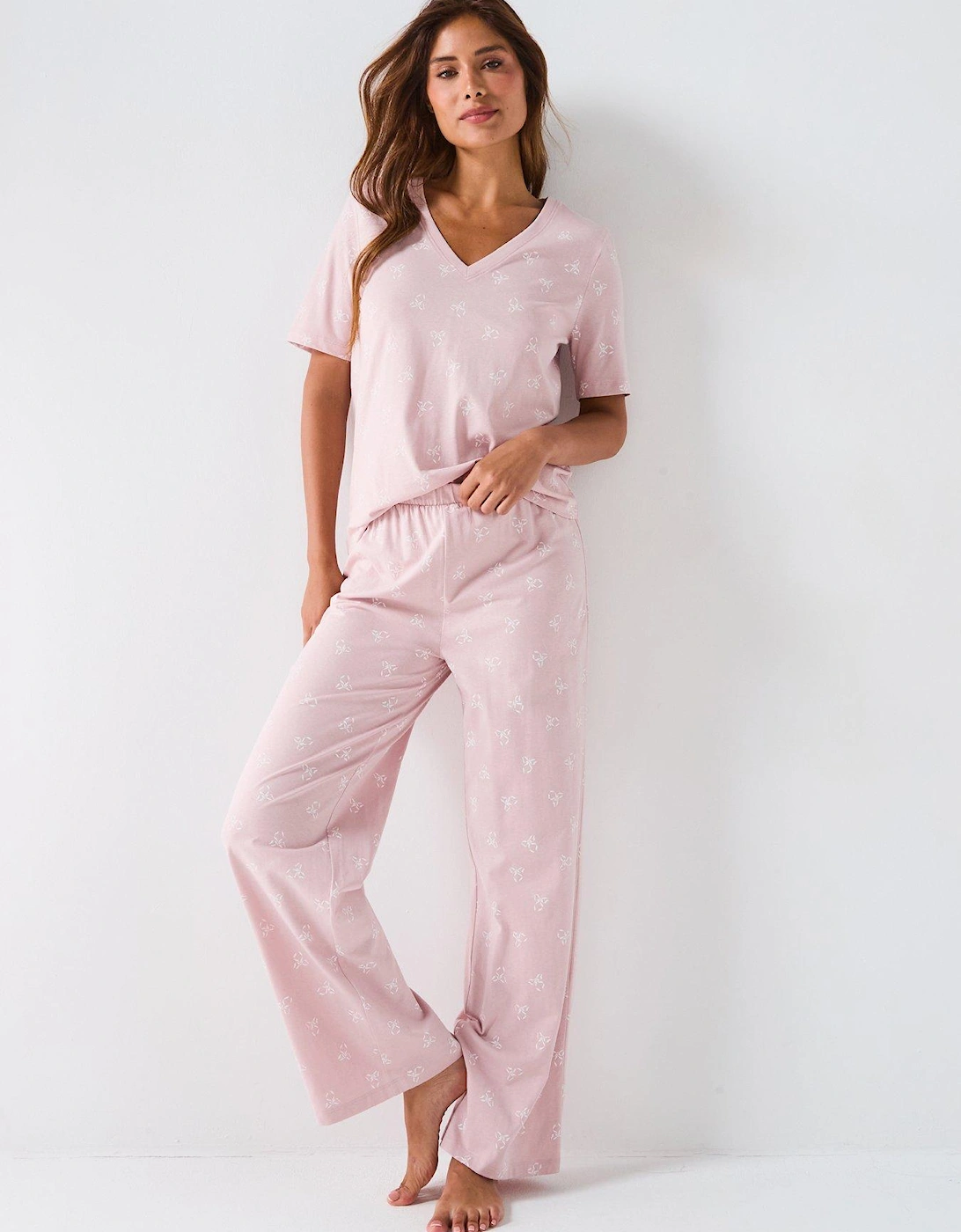 V Neck Ribbon Print Short Sleeve And Wide Leg Pyjama Set - Pink, 2 of 1