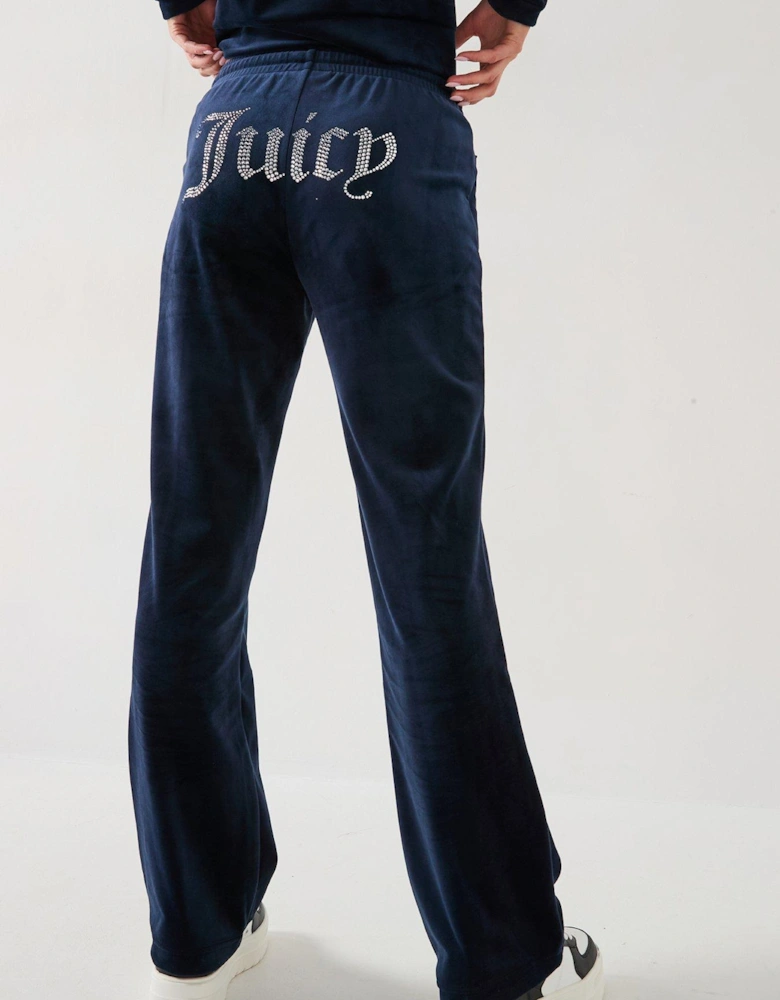 Tina Classic Velour Track Pant With Diamante Logo - Navy