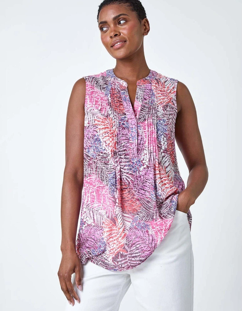 Tropical Print V-neck Pintuck Top