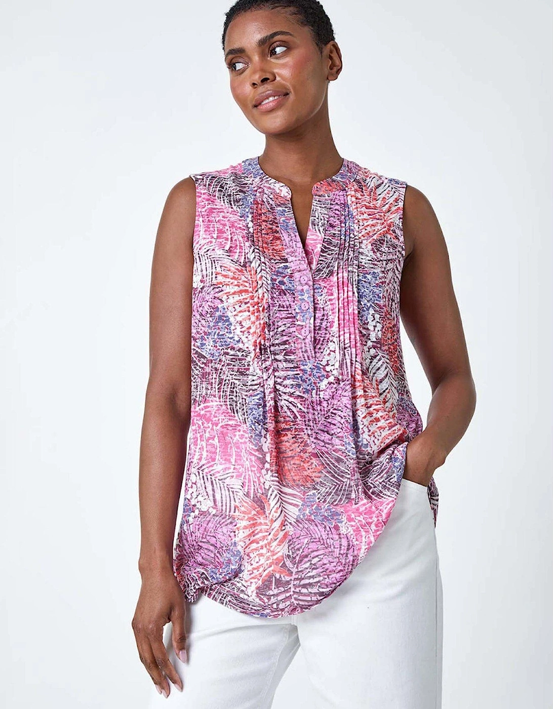 Tropical Print V-neck Pintuck Top, 2 of 1