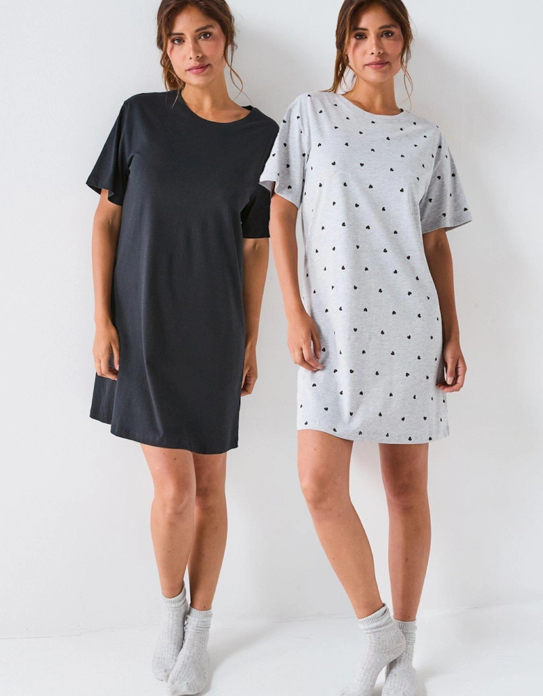 2 Pack Mono Print Nightdress - Grey