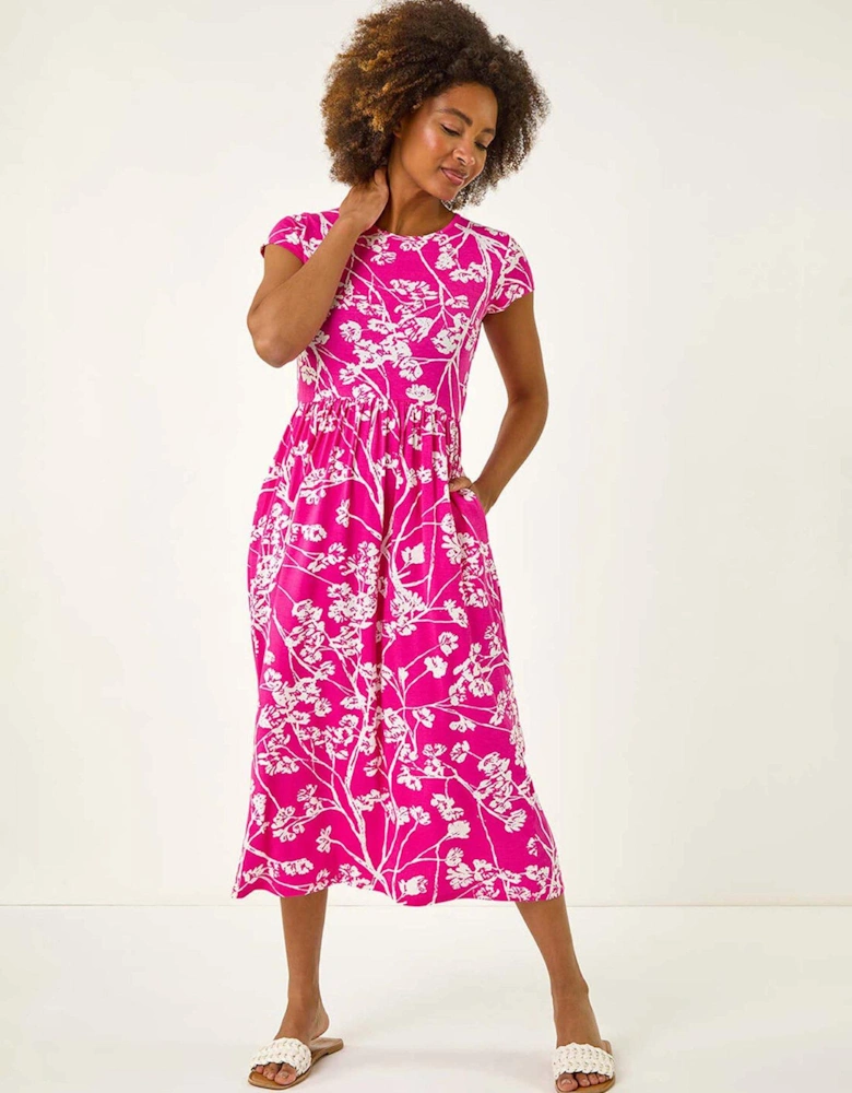Floral Print Midi Stretch Dress - Pink