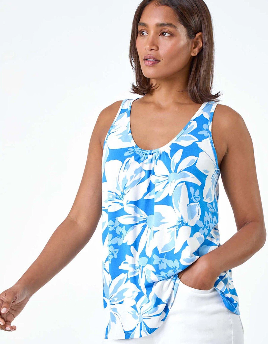 Sleeveless Floral Print Stretch V-neck Vest - Blue, 2 of 1