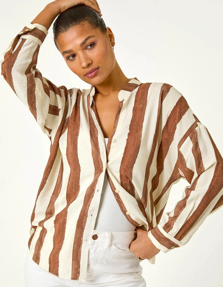 Stripe Print Relaxed Button Shirt - Brown