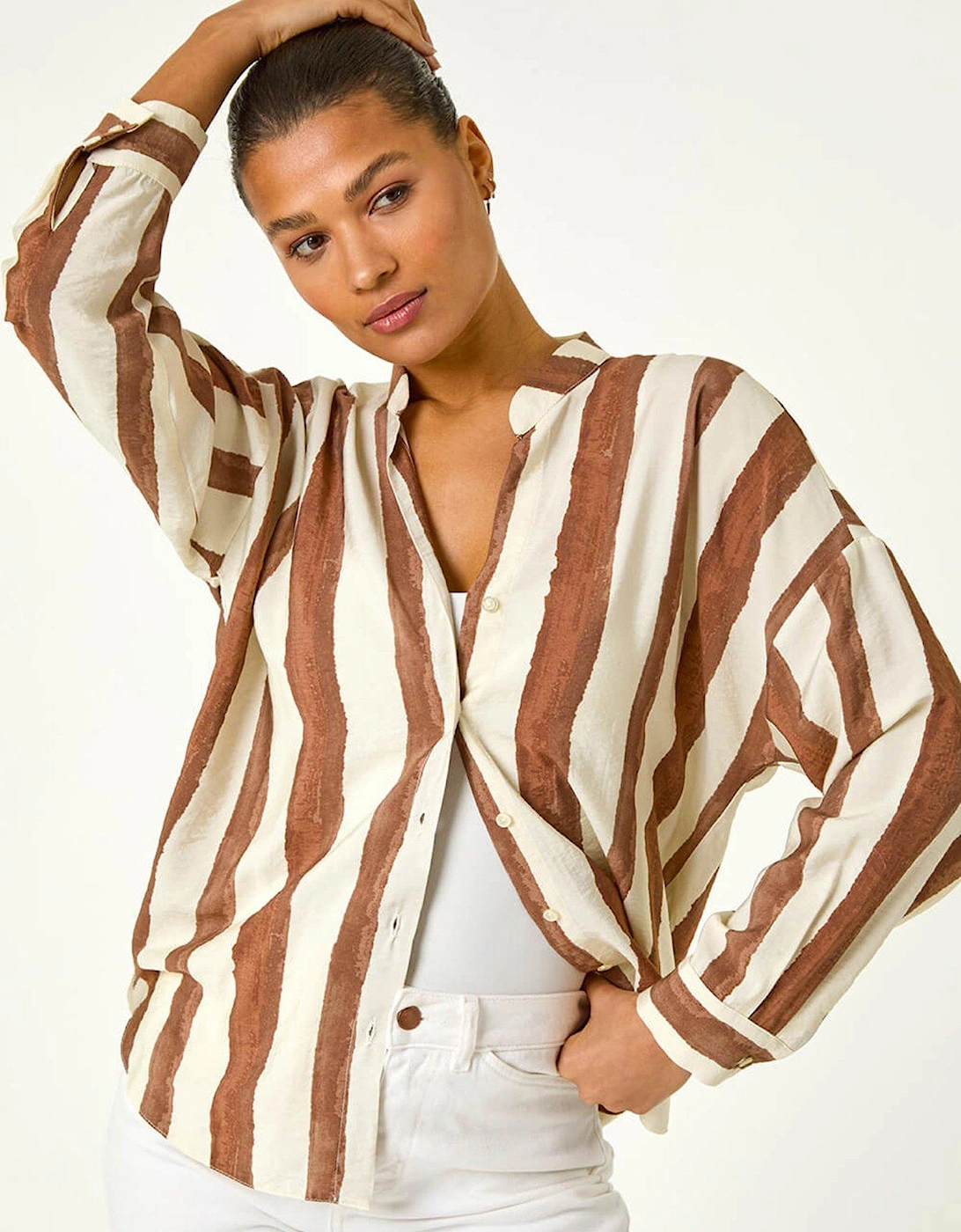 Stripe Print Relaxed Button Shirt - Brown, 2 of 1