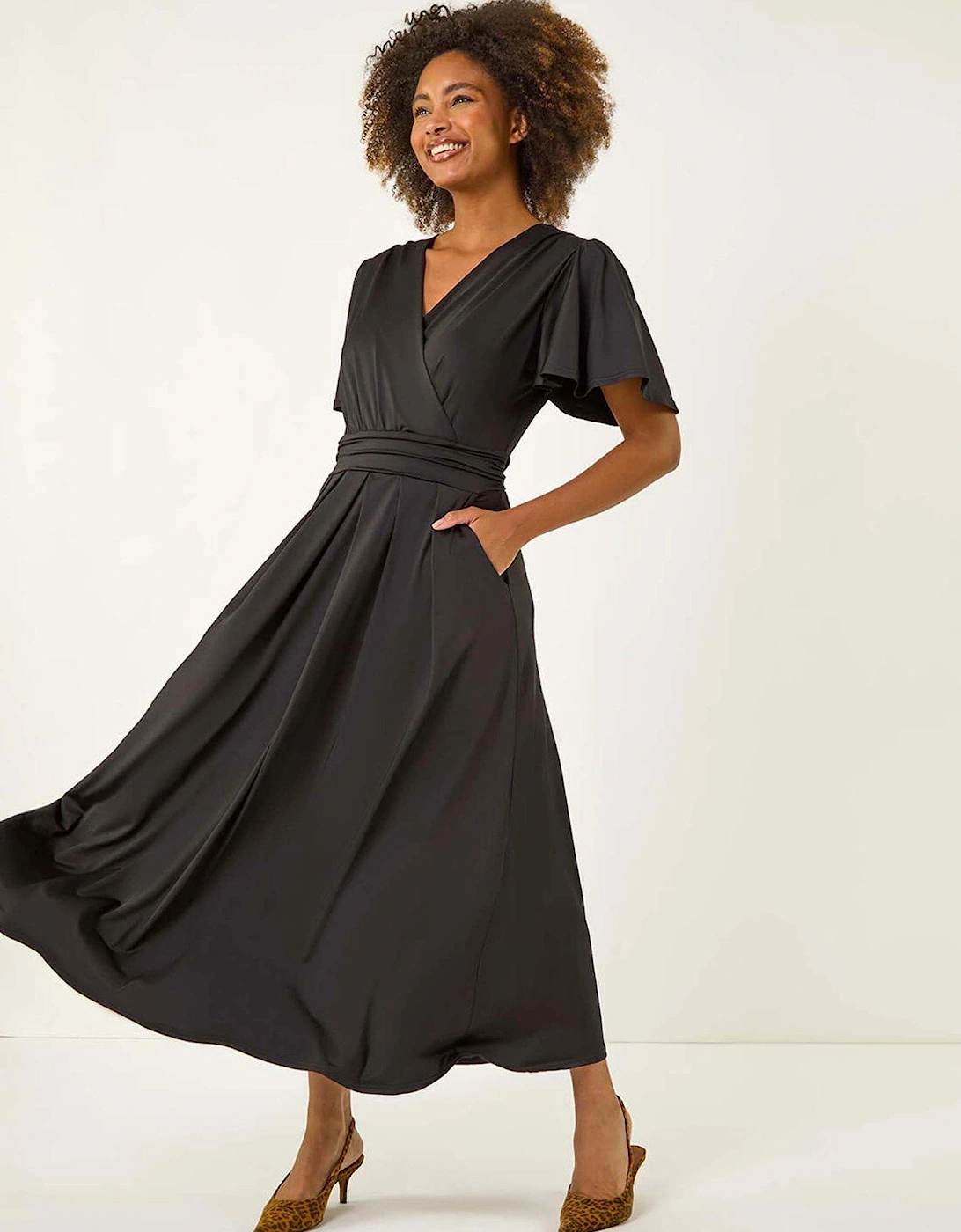 Tie Back V-neck Stretch Midi Dress - Black, 2 of 1