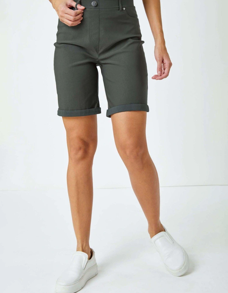 Elastic Waist Turn Up Stretch Shorts - Forest