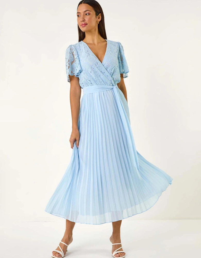 Lace Detail Wrap Midi Dress - Blue