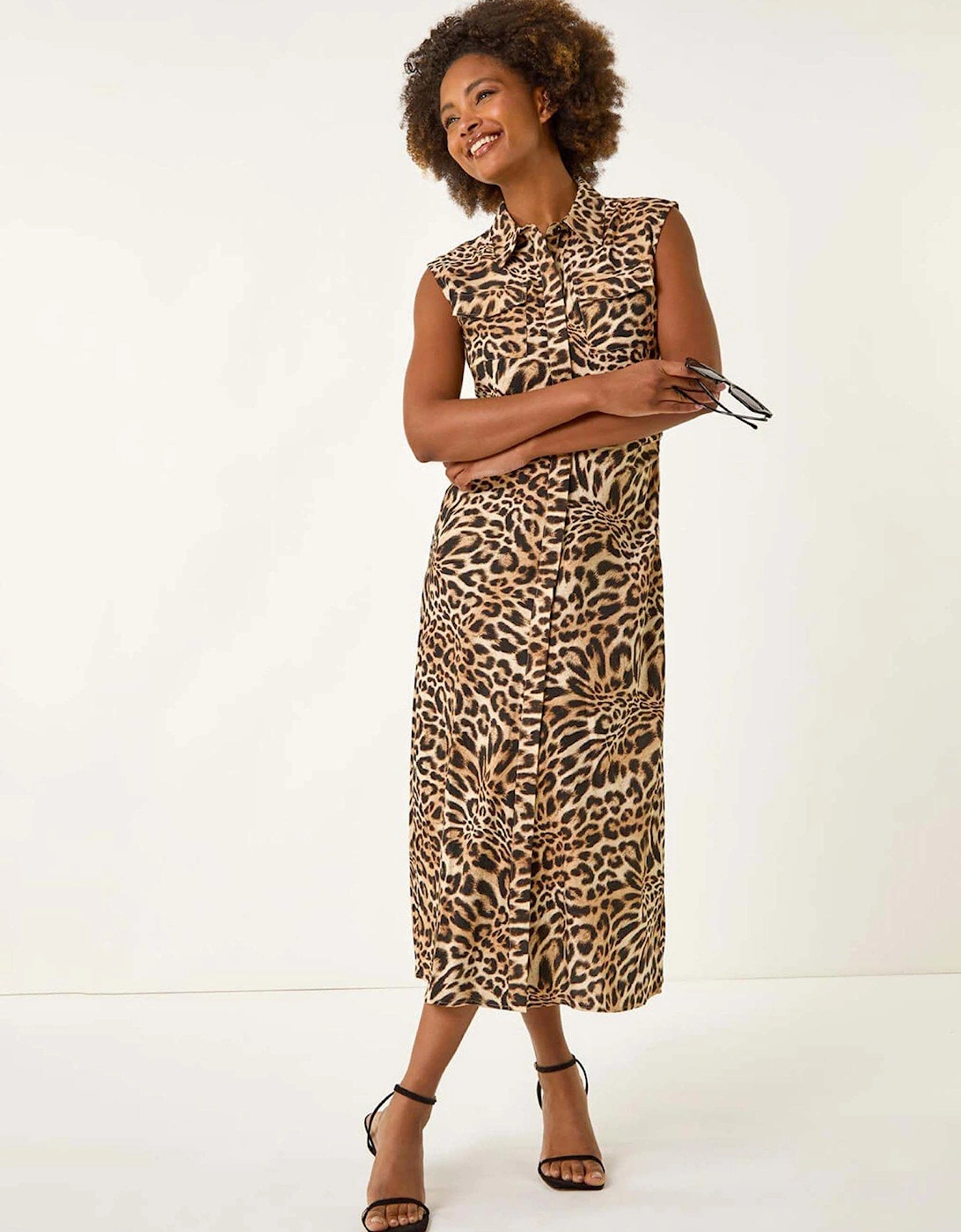 Animal Print Gathered Shirt Dress - Tan, 2 of 1