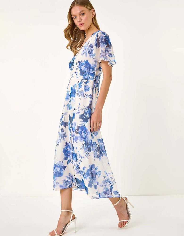 Floral Print V-neck Midi Dress - White