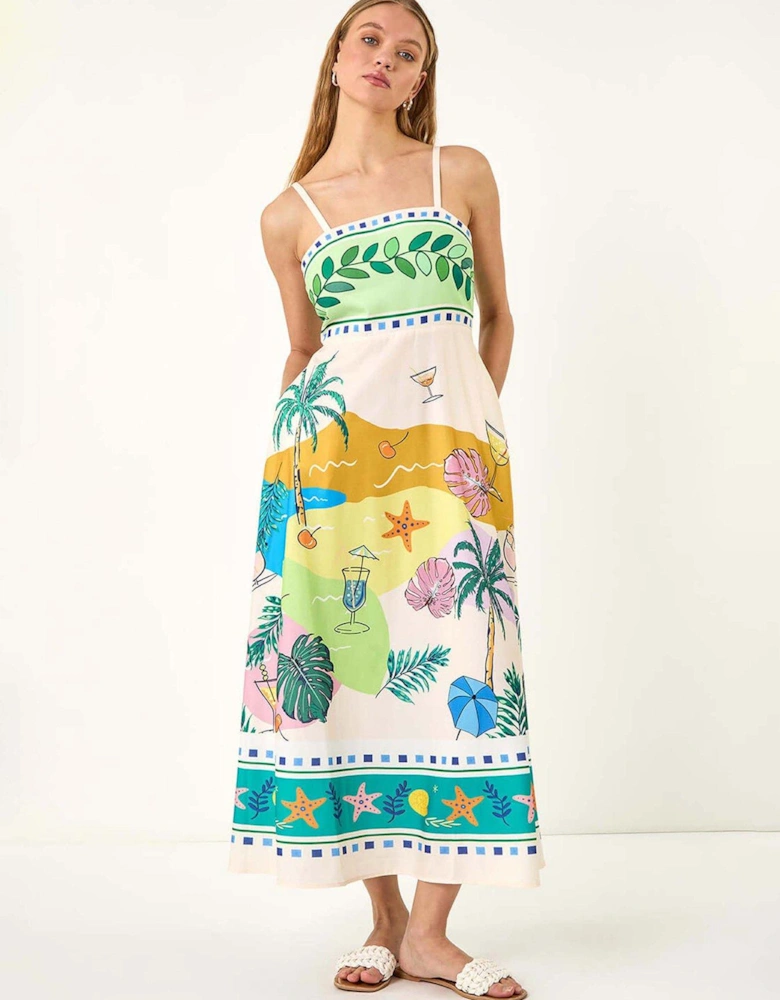 Beach Print Strappy Midi Dress - Ivory
