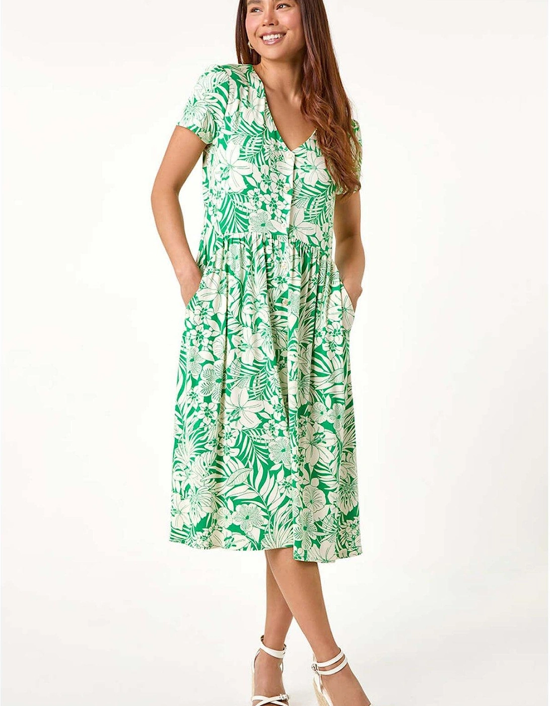 Petite Tropical Pocket Stretch Midi Dress - Green, 2 of 1