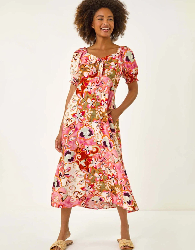 Floral Print Tie Front Midi Dress - Pink