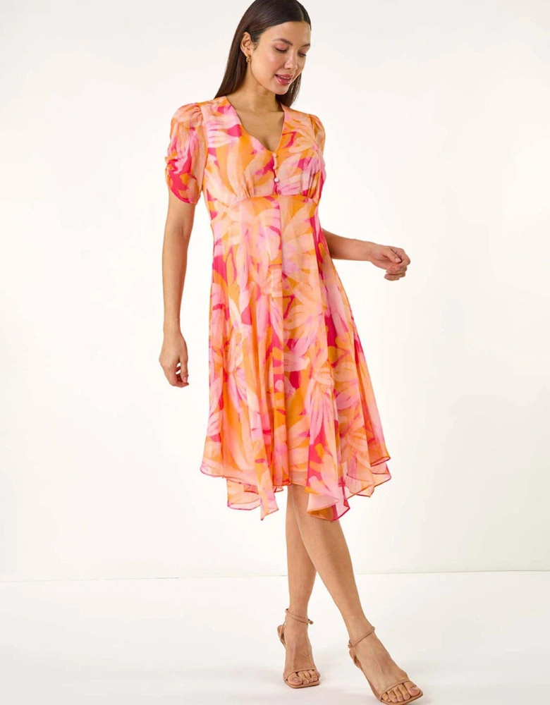 Abstract Painted Floral Hanky Hem Dress - Orange