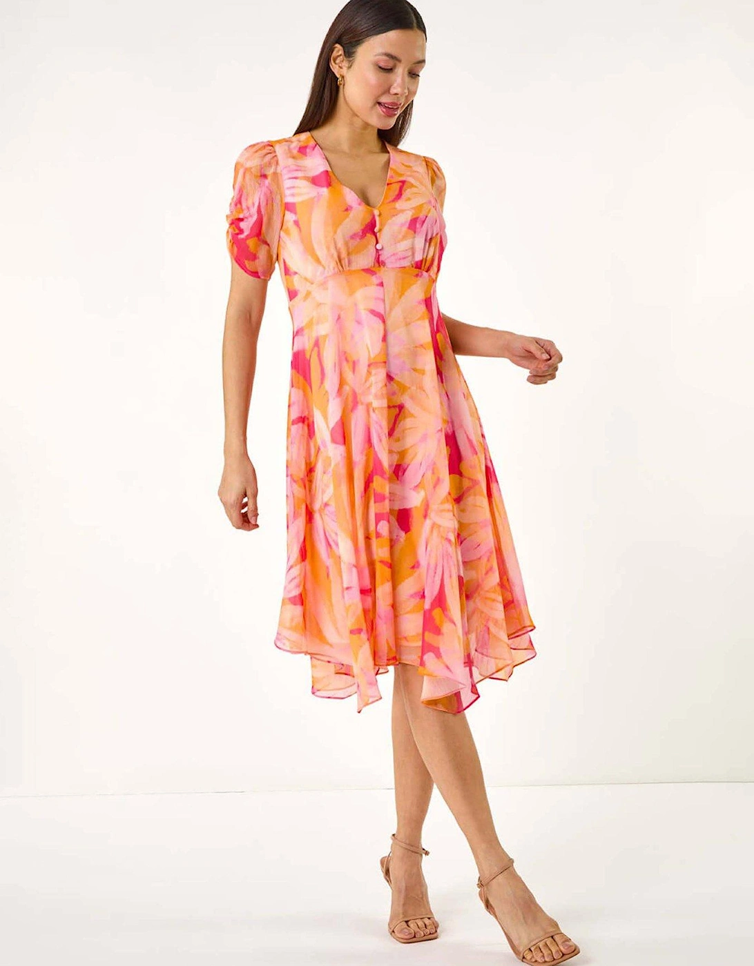 Abstract Painted Floral Hanky Hem Dress - Orange, 2 of 1