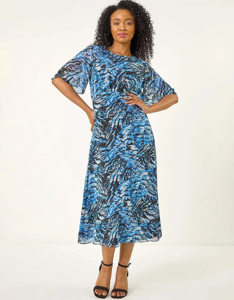 Petite Abstract Print Gathered Midi Dress - Navy