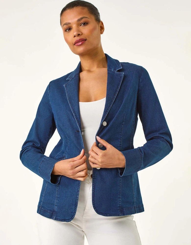 Denim Collar Stretch Blazer - Indigo