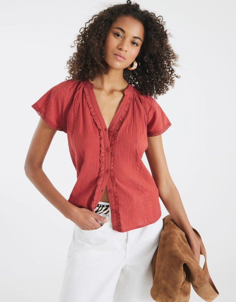 Short Sleeve Frill V Neck Top - Brown