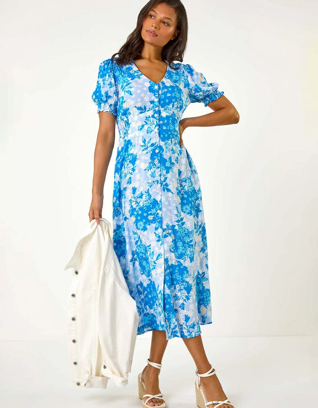 Button Through Floral Shirred Midi Dress - Blue, 2 of 1