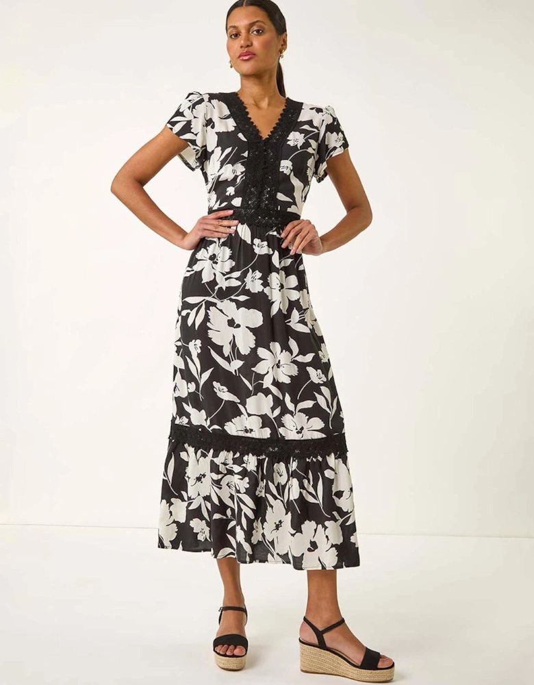 Floral Print Lace Trim Midi Dress - Black