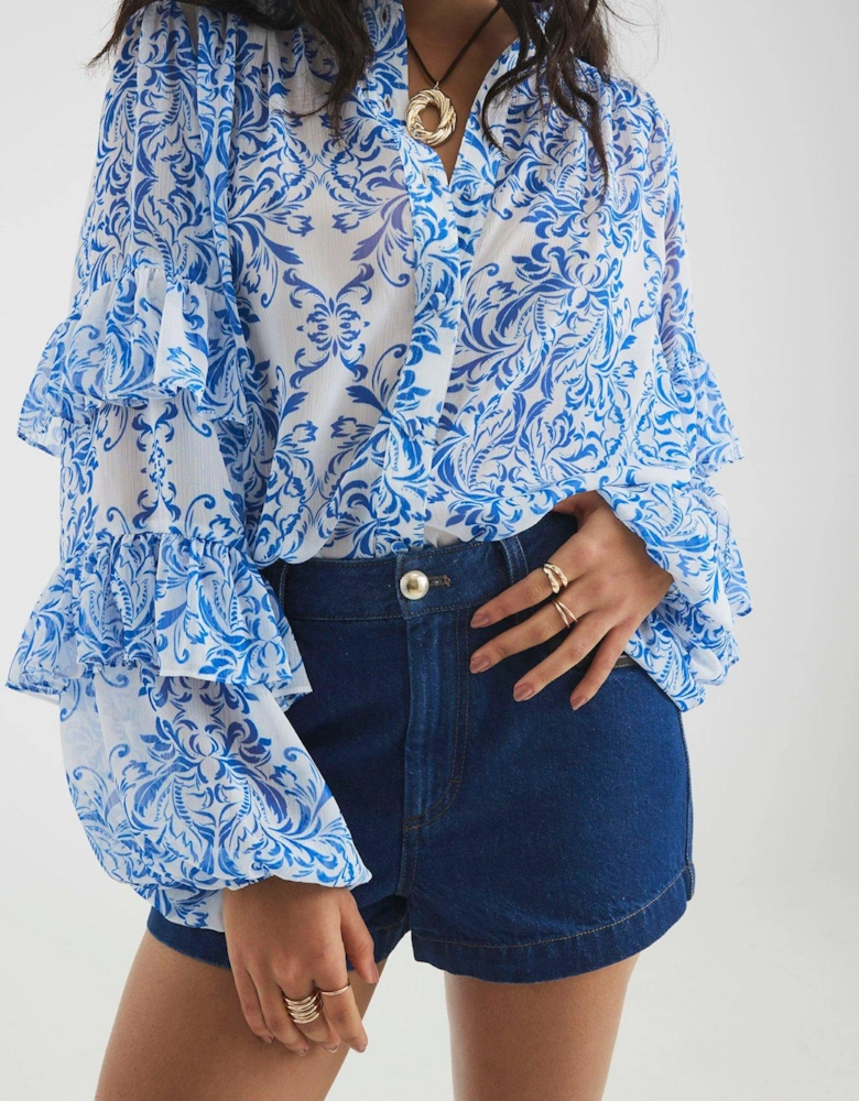 Femme Ruffle Sleeve Blouse - Blue