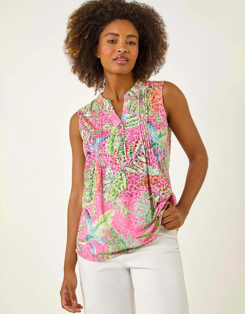 Tropical Leaf Print Pintuck Top - Rose