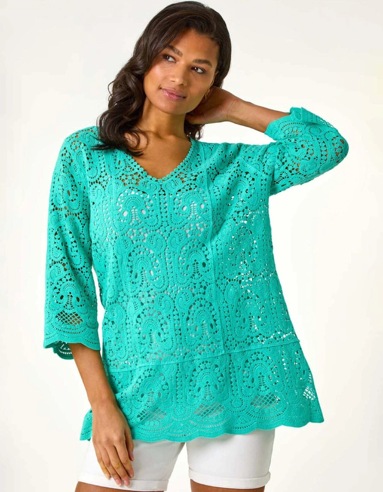 Cotton Crochet Tunic Top - Teal