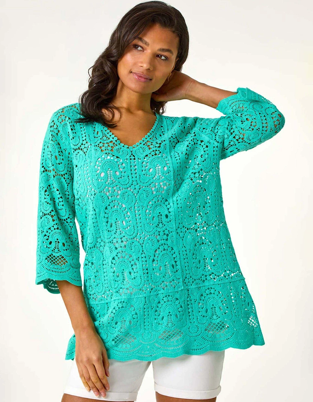 Cotton Crochet Tunic Top - Teal, 2 of 1