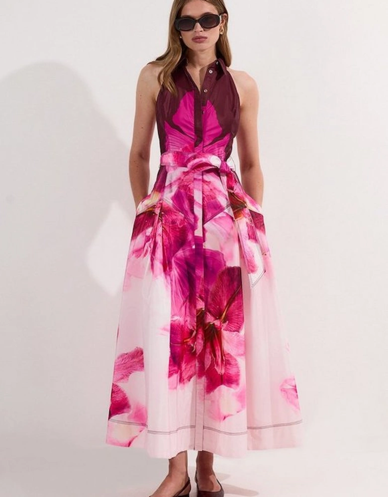 Placed Floral Taffeta Belted Woven Maxi Shirt Dress