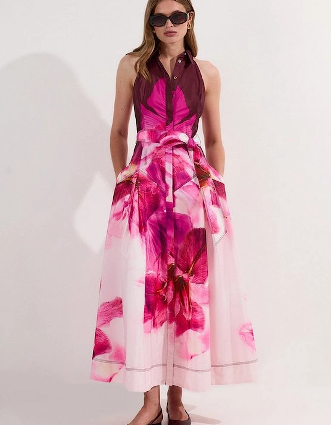 Placed Floral Taffeta Belted Woven Maxi Shirt Dress, 2 of 1