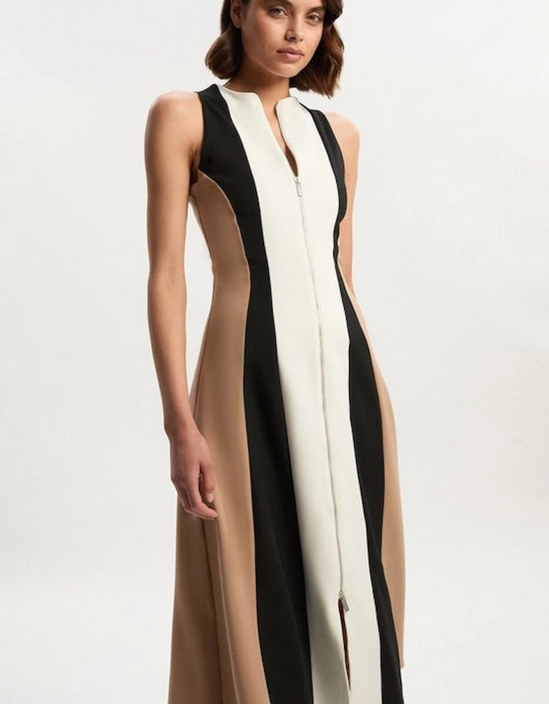 Compact Stretch Zip Through Colourblock Tailored Midi Dress