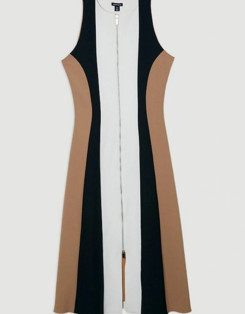 Compact Stretch Zip Through Colourblock Tailored Midi Dress