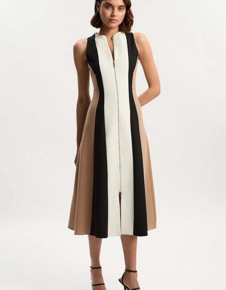 Compact Stretch Zip Through Colourblock Tailored Midi Dress
