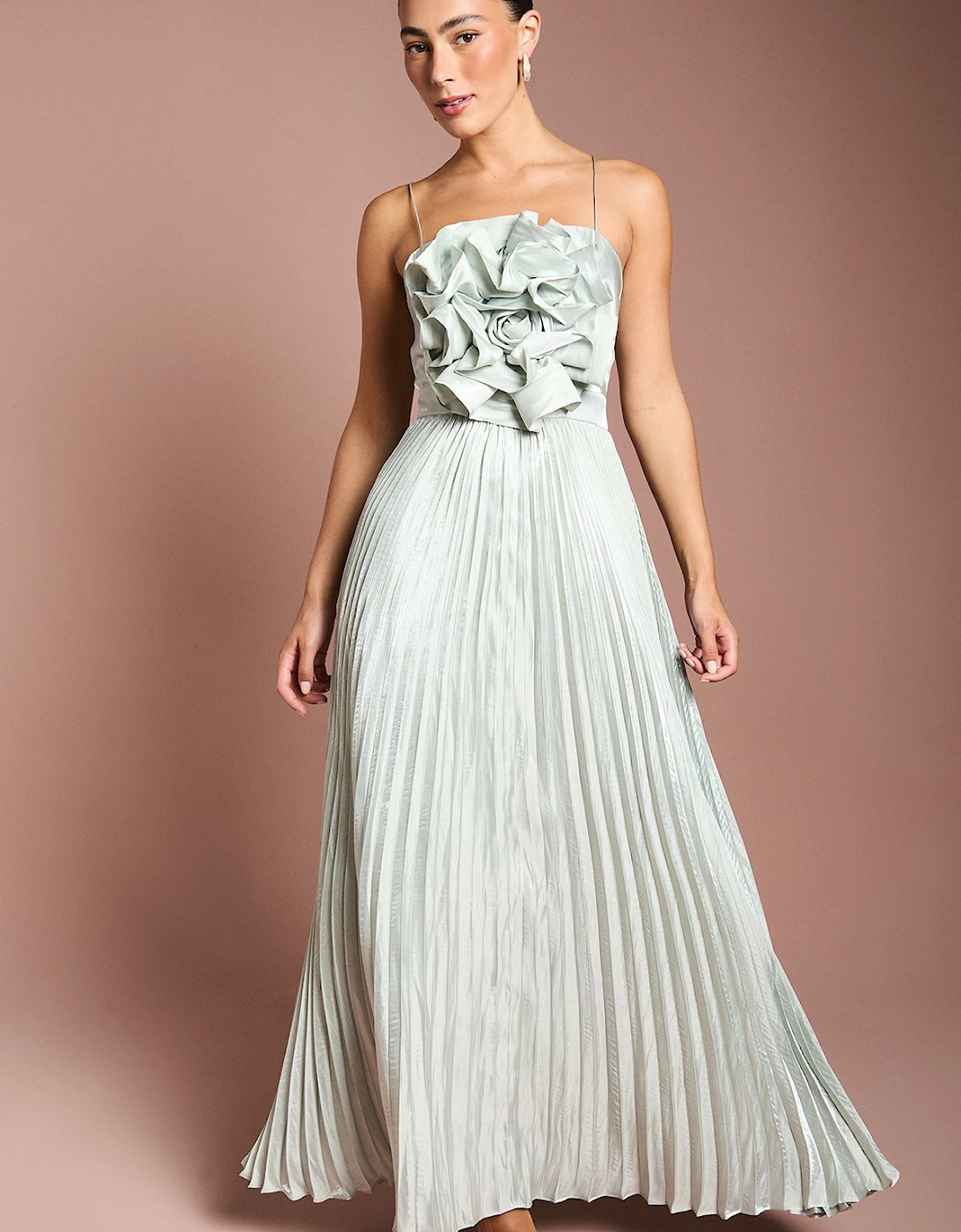 Metallic Strappy Pleated Corsage Maxi Dress, 2 of 1