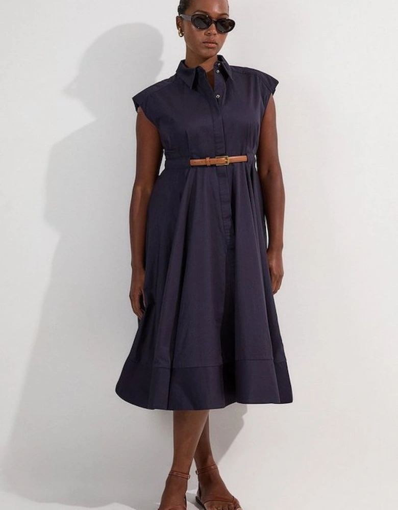 Plus Size Tailored Cotton Belted Collared Full Midi Dress