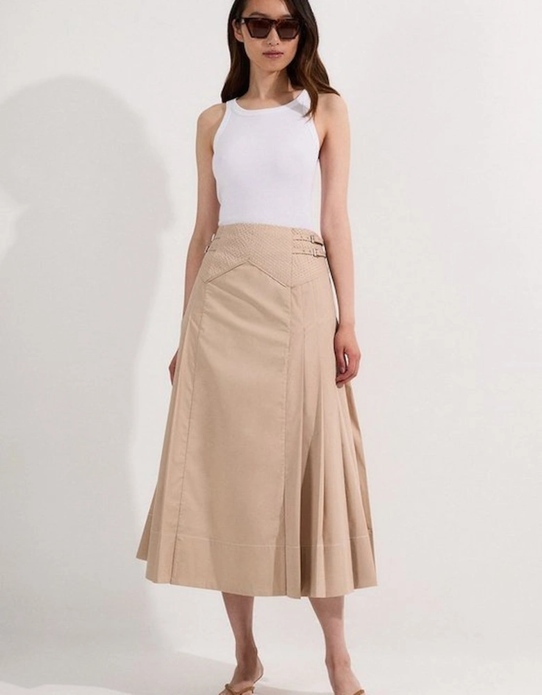 Cotton Poplin Top Stitch Detail Woven Pleat Skirt