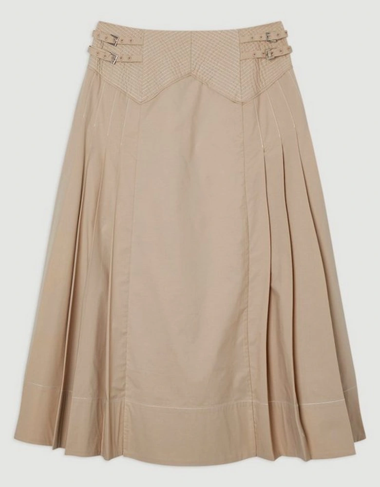 Cotton Poplin Top Stitch Detail Woven Pleat Skirt