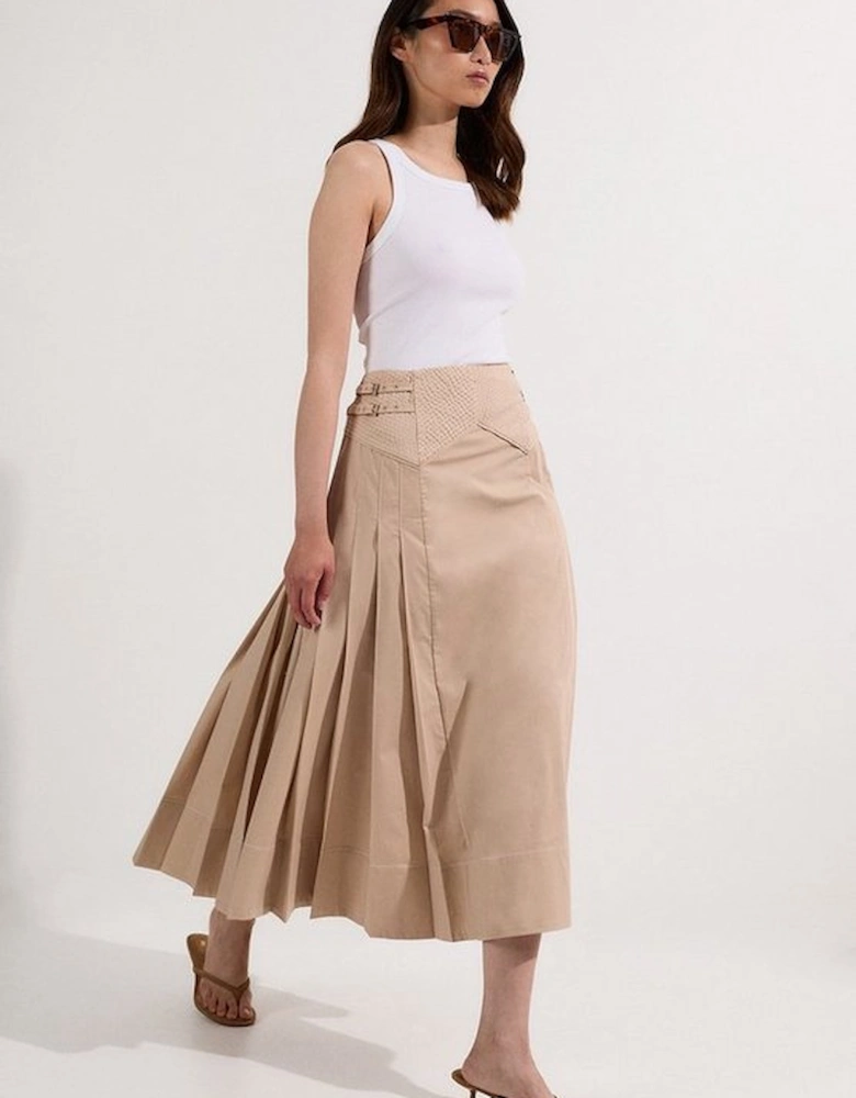 Cotton Poplin Top Stitch Detail Woven Pleat Skirt