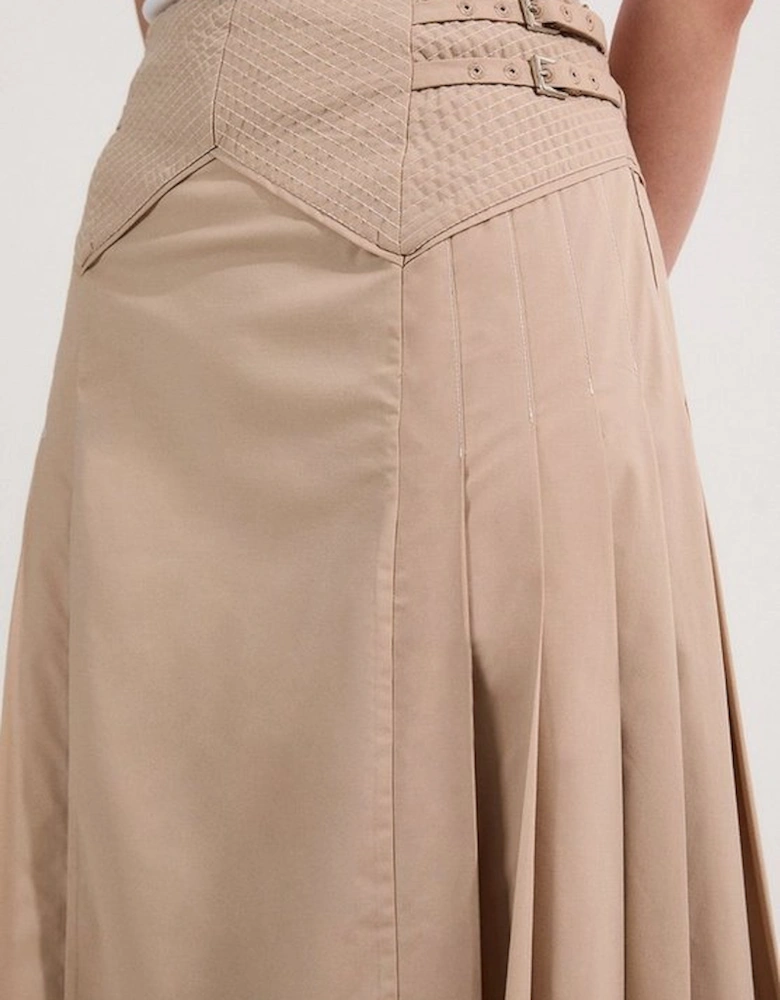 Cotton Poplin Top Stitch Detail Woven Pleat Skirt
