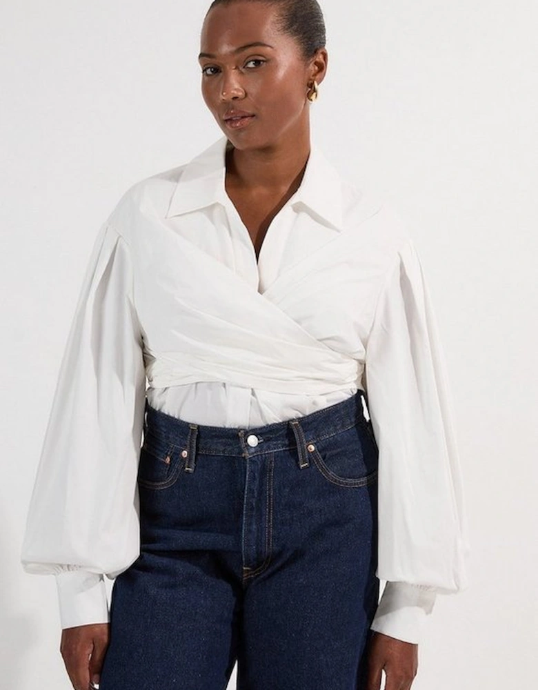 Plus Size Cotton Poplin Drama Sleeve Woven Wrap Detail Blouse