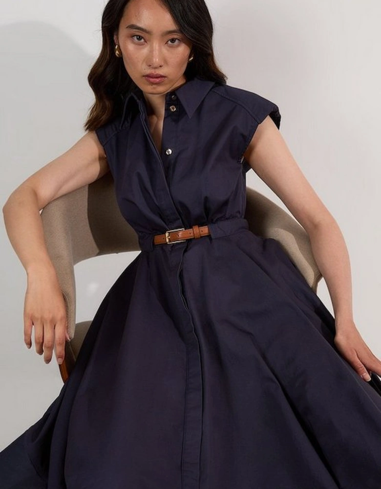 Tailored Cotton Belted Collared Full Midi Dress
