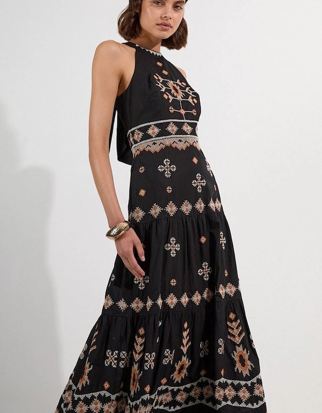 Cotton Embroidered Woven Halter Maxi Dress, 2 of 1