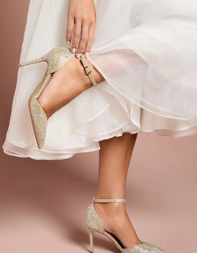 Wide Fit Tanisha Diamante Ankle Strap High Stiletto Court Shoes