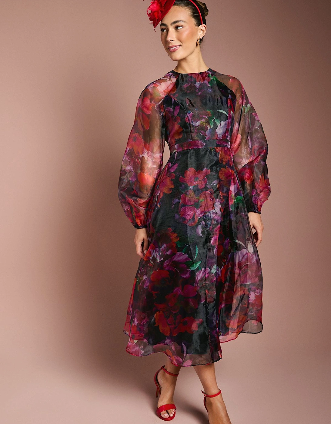 Organza Wrap Waist Puff Sleeve Midi Dress, 2 of 1