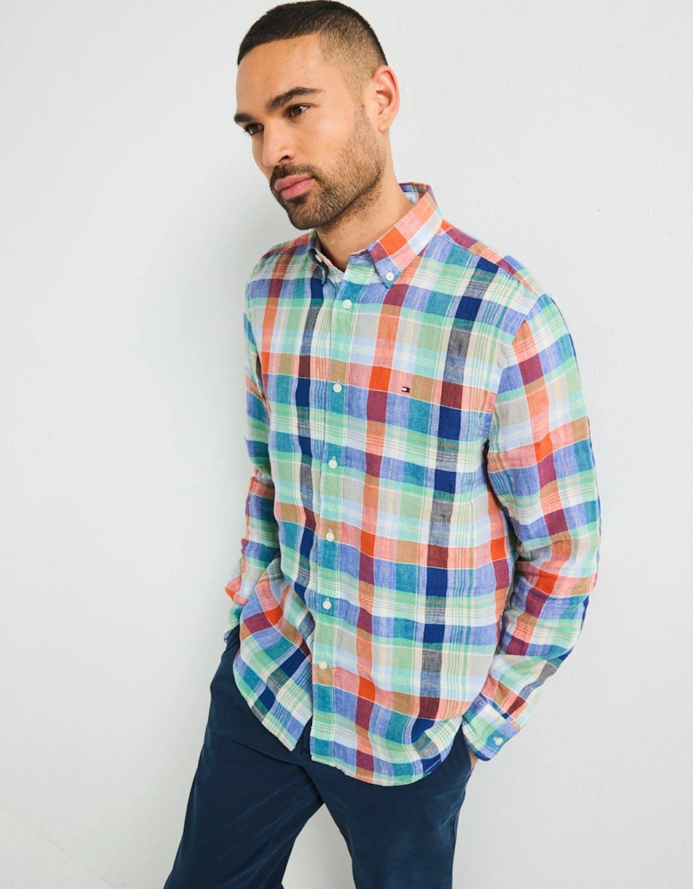 Regular Fit Linen Summer Madras Short Sleeve Shirt
