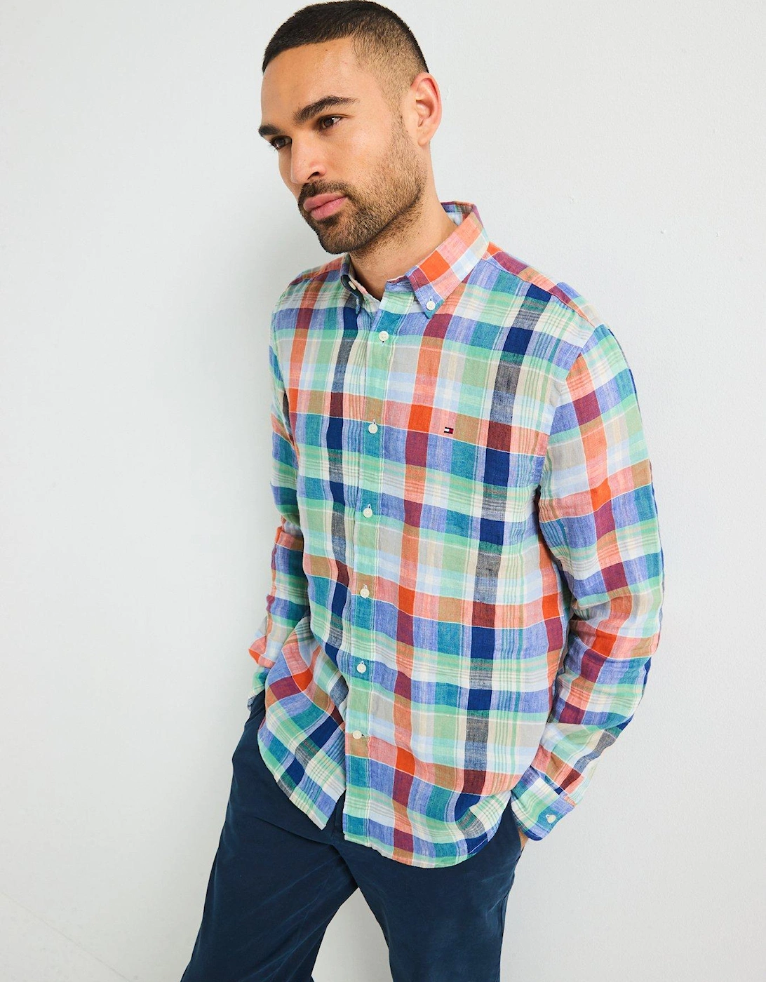Regular Fit Linen Summer Madras Short Sleeve Shirt