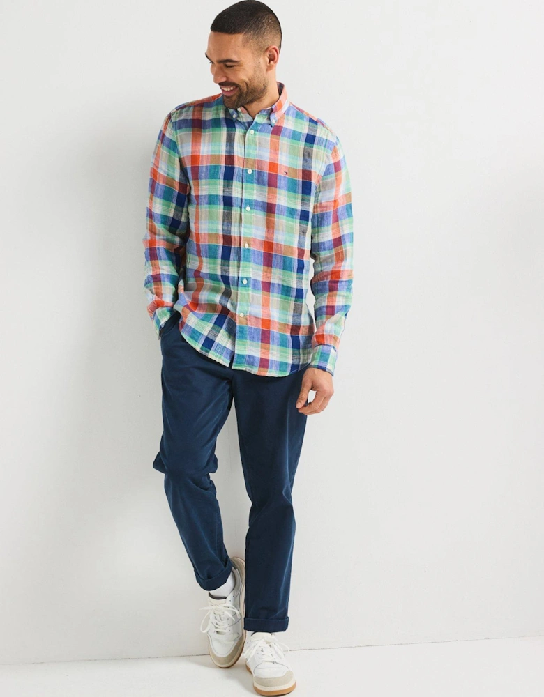 Regular Fit Linen Summer Madras Short Sleeve Shirt