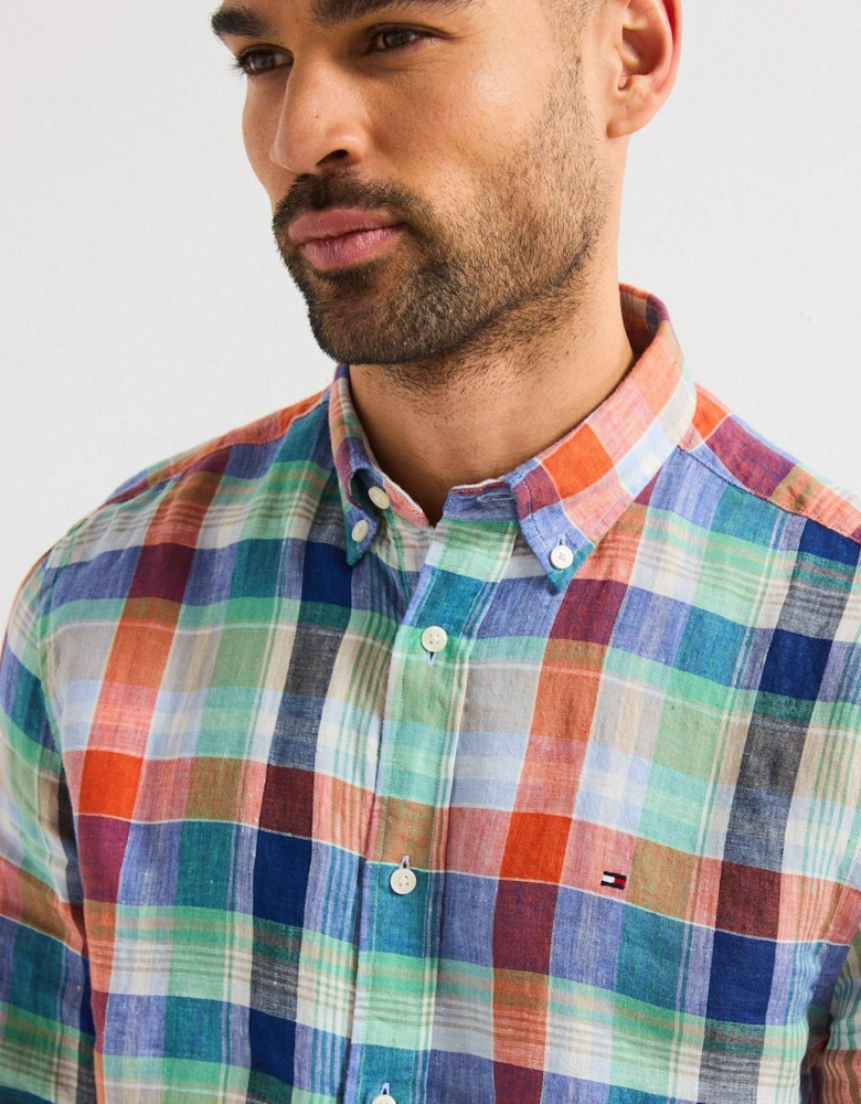 Regular Fit Linen Summer Madras Short Sleeve Shirt
